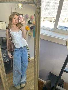 outfit inspo, brandy melville, low rise jeans Jeans And Big Sweater Outfit, Outfit Inspo Australia, Flared Jeans And Tank Top Outfit, Jean Jacket Outfits Concert, Low Top Docs Outfit, Brandy Melville Inspired Outfits, Basic Brandy Outfits, Lose Rise Jeans Outfit, Henley Top Outfit Aesthetic