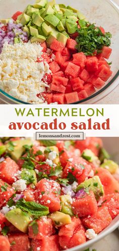 watermelon avocado salad with feta cheese and cilantro on the side