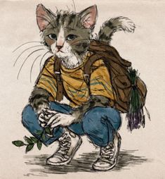 a drawing of a cat with a backpack on it's back, sitting down