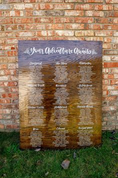 a wooden sign sitting on top of a grass covered field next to a brick wall