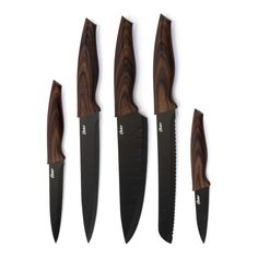 three knives with wooden handles are lined up