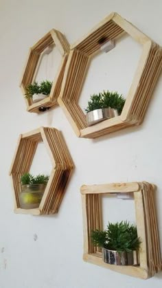 three wooden hexagonals with plants in them hanging on the wall next to each other