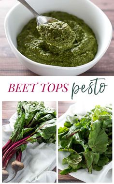 beet tops pesto in a white bowl with spoon