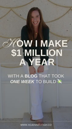 a woman standing in front of a building with the words how i make $ 1 million a