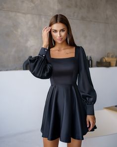 Fabric: High-quality satin Viscose 35%, Polyester 35%, Cotton 20% Nylon 10% Mini length Long sleeve Dress length 85cm/ 33,4in Sleeves length 68cm/ 26,7in Skirt length 45cm/ 17,7in Graduation Dresses With Sleeves, Black Dress With Long Sleeves, Black Long Sleeve Mini Dress, Long Sleeve Cocktail Dress, Satin Long Sleeve, Dress Satin, Long Sleeve Mini, Bat Mitzvah, Classy Dress