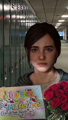 a young woman holding a sign with flowers in front of her and a bunch of lockers behind her