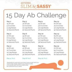 the 15 day ab challenge is shown with an orange and white sign that says, slim & sasy