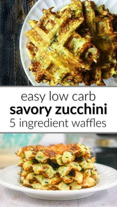 three different types of savory zucchini with text overlay that reads easy low carb savory zucchini 5 ingredient waffles