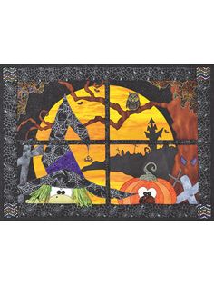 a halloween scene with pumpkins, bats and cats in front of a full moon