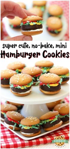 mini hamburger cookies on a plate with the words super cute no - bake mini hamburger cookies