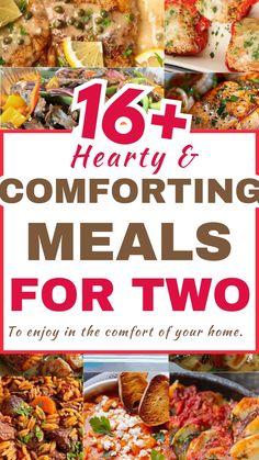 the cover of hearty and comforting meals for two, with images of different foods