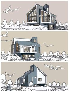 three different views of a house in the middle of two pictures, one with birds flying around