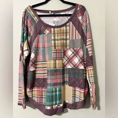 Made In Cambodia Polyester Spandex Blend Machine Washable B66 Cozy Plaid Long Sleeve Top, Purple Knit Crew Neck Top, Cozy Multicolor Long Sleeve Tops, Purple Knit Tops For Layering, Multicolor Knit Patchwork Tops, Knit Patchwork Tops For Layering, Purple Patchwork Long Sleeve Top, Cozy Patchwork Crew Neck Tops, Purple Long Sleeve Top With Patchwork