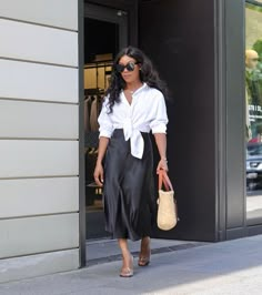 How To Style A Silk Skirt For Summer, Jersey Midi Skirt Outfit, Satin Dress Work Outfit, Shirts And Skirts, Black Dress With White Button Down Shirt, Silk Dress Button Down, Chic Going Out Outfits Summer, White Shirt And Midi Skirt Outfit, How To Style A Long Black Skirt Summer