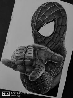 a pencil drawing of a spider man holding his hand up to the viewer's eye