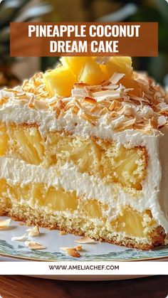 a piece of pineapple coconut dream cake on a plate with the title overlay