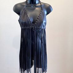 A. Tsagas - Excellent Condition Harley Fringe Halter Top Designed For Sturgis Vendor Small Black Adjustable Handmade Made In Usa Colorado Leather Fringe Dress, Rockstar Clothes, Jack Core, Thrift Inspiration, Fringe Halter Top, Leather Halter Top, Leather Bralette, Hard Summer, Fringe Clothing