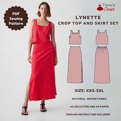 a woman in a red dress with the text lynette crop top and skirt sewing pattern