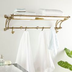 towels hanging on a towel rack in a bathroom with white walls and green plants behind it