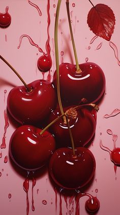 three cherries on a pink background with blood