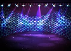 an empty stage with spotlights and stars on the wall, for a concert or show