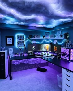 Gaming Room Ideas Neon Gamer Room Aesthetic, Star Wars Gaming Room Setup, Witchy Home Office Aesthetic, Teenage Gamer Room, Blue And Purple Pc Setup, Bedroom Boys Teenagers, Blue Pc Setup, Boys Teenage, Geek Home Decor