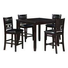 the table and chairs are all black with leather upholstered seat cushions on each side