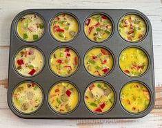 muffin tins filled with different types of food