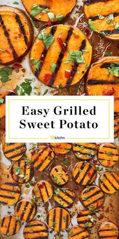 easy grilled sweet potato recipe on a baking sheet with text overlay that reads easy grilled sweet potato