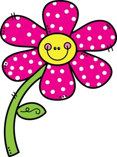 a pink flower with white dots and a smiley face on the center is in front of a