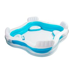 an inflatable swimming pool with blue trimmings and a white bottom part