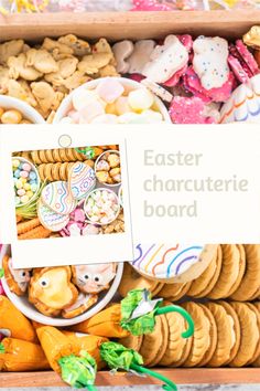 a box filled with lots of different types of cookies and candies next to a sign that says easter charcuterie board