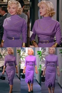 marilyn monroe in a purple dress and gold accessories on the set of mad about town