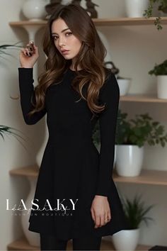 Lasaky - Classic Womens Long Sleeve Round Neck Bodycon Dress in Vintage-Inspired Design and Solid Color Neck Bodycon Dress, Black Bodycon Dress, Vintage Inspired Design, Long Sleeve Bodycon Dress, 50's Dress, Types Of Skirts, A Line Skirt, A Line Skirts, Round Neckline