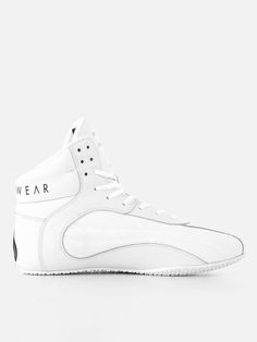 a white high top sneaker with the word wear written on it's side