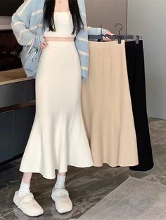 Lasaky - Black High-Waisted Trumpet Skirt: Elegant Floor-Length Midi Skirt Socialite Style, Ankle Length Skirt, Fishtail Skirt, Knit Pencil Skirt, Trumpet Skirt, Knit Midi Skirt, Wrap Around Skirt, Half Skirt, Elegant Skirt