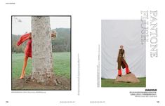 an article in the fashion book shows two women standing next to a tree, one wearing orange