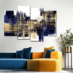 Vibrant Gold On Blue Wall Art is a beautiful addition to any decor style. Bring this stunning canvas print into your home to easily refresh your walls and elevate your decor. Blue Artwork, Blue Wall Art, Blue Painting, Blue Walls, Wall Art Painting, Artwork Painting, Off Sale, Decor Styles, Art Painting