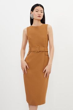 Feel Formal In Our Midi Dress, Which Boasts A Figure Hugging Fit, A Classic Pencil Style, And A Belted Waist For A Cinched Silhouette. Style It With Court Heels Or Ankle Boots For A Look That Will Take You From Date Nights To Office Days. Compact Stretch Belted Tailored Midi Pencil Dress High Quality Stretch Fabric Figure Hugging Fit Sleek, Minimal Design Flattering Belted Waistline Petite Wedding Guest Dresses, Plus Size Workwear, Karen Millen Dress, Midi Pencil Dress, Court Heels, Tall Dresses, Outfits Petite, Stretch Belt, Plus Size Wedding