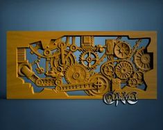 an image of a wooden cutout with gears on it