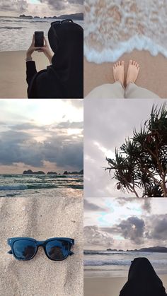 a collage of photos with the beach and ocean in the background, including one person wearing sunglasses