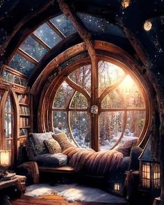 an image of a bedroom in the middle of winter with snow falling on the ground