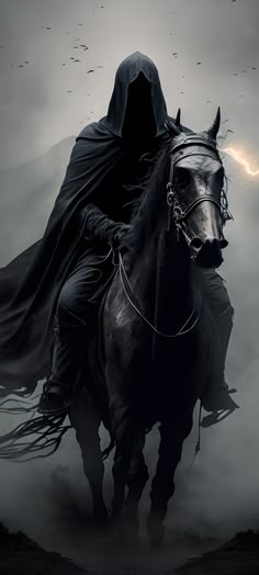 a man riding on the back of a black horse under a cloudy sky with lightning