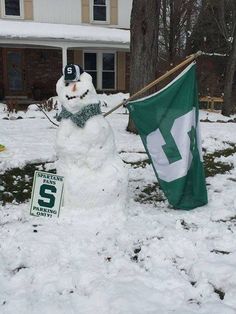 a snowman with a green hat and scarf next to a flag in the snow