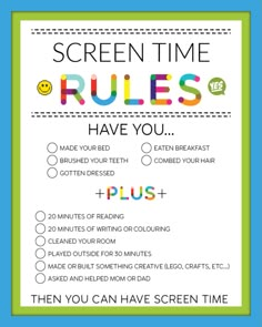 the screen time rules poster for kids to use on their computer and play with them