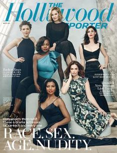 the cover of hollywood reporter magazine with four women in black dresses and one is sitting on a white chair