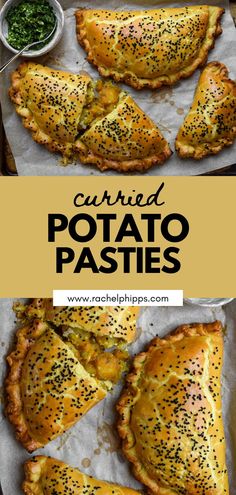 baked potato pastries on parchment paper with mustard and chives in the background text overlay reads currie potato pasties