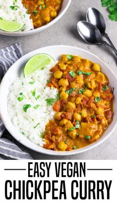 easy vegan chickpea curry in a bowl with rice and cilantro