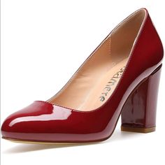 Nwt Castamere Women's High Heels Round Toe Pump In Patent Wine (Burgundy) Slip On Block Heel 3.2 Inches Or 8cm Heel Height Rubber Sole Man Made Material Imported Red Block Heels For Formal Occasions, Red Heels With Padded Heel For Fall, Red Fitted Block Heel Shoes, Fitted Red Block Heels, Red Patent Leather Heels For Fall, Red Formal Block Heels With Padded Heel, Formal Red Block Heels With Padded Heel, Red Block Heel Shoes, Burgundy Round Toe Heels For Work