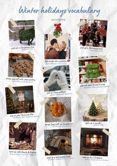 a poster with pictures of holiday foods and people around the christmas tree in front of a fireplace